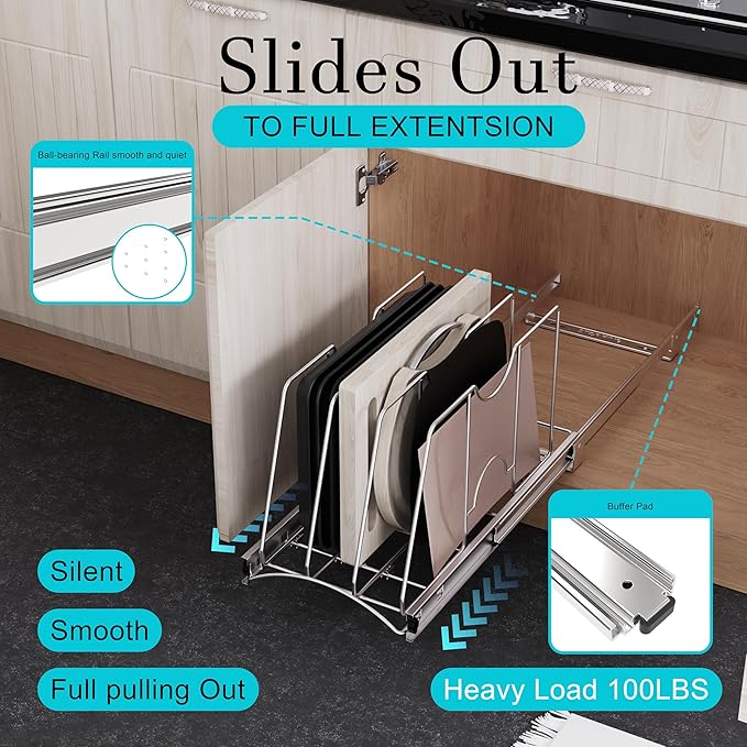 Pull Out Cookie Sheet Organizer for Cabinet, Pan and Pot, Cutting Board, Bakeware, Tray Organizer Rack, Sliding Rack- Heavy Duty, Adjustable Divider Width, 10" W x 22" D x 11" H, Chrome