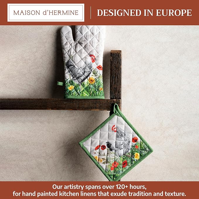 Maison d' Hermine 100% Cotton Oven Mitt & Pot Holder Set (7.5"x13" & 8"x8") Heat Resistant BBQ Cooking Gloves with Loop Baking Grilling Kitchen Gifts for Mothers Day Spring/Summer (Basse Cour)