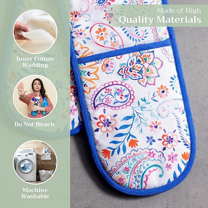 Maison d' Hermine Double Oven Mitts 100% Cotton 7"x35" Double Oven Mitt Heat Resistant BBQ Cooking Gloves with Loop Baking Grilling Gifts for Mothers Day Spring Summer (Indian Floral)