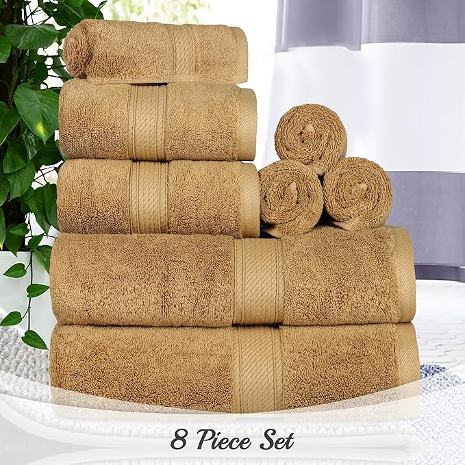 SUPERIOR Egyptian Cotton Pile 8 Piece Towel Set, Includes 2 Bath, 2 Hand, 4 Face Towels/Washcloths, Ultra Soft Luxury Towels, Thick Plush Essentials, Guest Bath, Spa, Hotel Bathroom, Toast