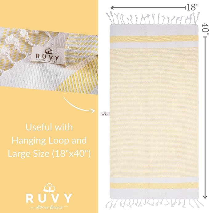 Ruvy Home Basics Turkish Hand Towels for Bathroom Set of 2 | 18"x40", Cotton | Decorative Towel for Bathroom, Kitchen, Dishcloth, Tea, Yoga, Face, Gym - Yellow