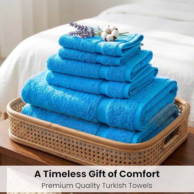 SALBAKOS 100% Turkish Cotton 6-Piece Towel Set | Heirloom Quality Hotel & Spa Collection | Soft, Super Absorbent 2 Washcloth, 2 Hand, 2 Bath Towel Sets | Made in Turkey (Aqua, 6 Piece Towel Set)