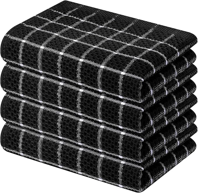 Homaxy 100% Cotton Kitchen Towels 4 Pack-15 X 25 Inches, Check Design Waffle Weave Hand Tea Towels, Super Soft and Absorbent Dish Towel for Drying Dishes, Black&White