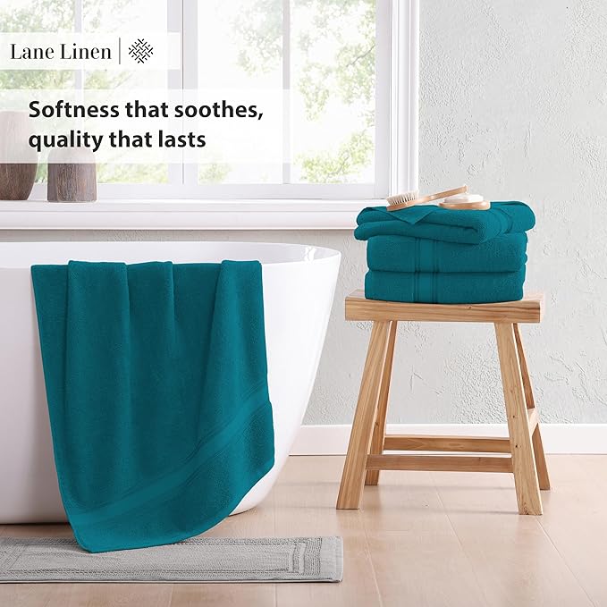 LANE LINEN 100% Cotton 4 Pack Bath Towels Set (30"x60") - Zero Twist, Large Cotton Towels for Bathroom - Quick Dry, Soft & Absorbent Bath Towel Set - Pre Shrunk, Wide Variety of Colors - Sea Port
