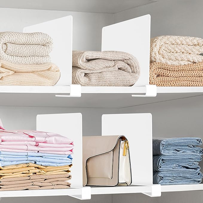 HBlife 8 Pcs White Acrylic Shelf Dividers, Vertical Purse Organizer for Closet Perfect for Sweater, Shirts, Handbags in Bedroom and Kitchen, Closet Separators for Organization Cabinet