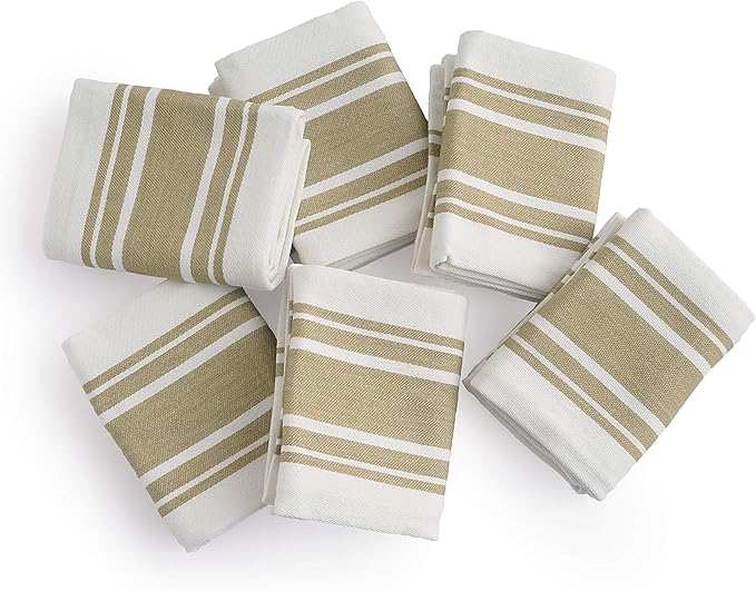 Kitchen Towels Set – Pack of 6 (20’’ x 30’’) Extra Large Premium Cotton Dish Towels for Kitchen – Super Striped Towels – Absorbent – 100% Cotton – with Hanging Loop – Beige