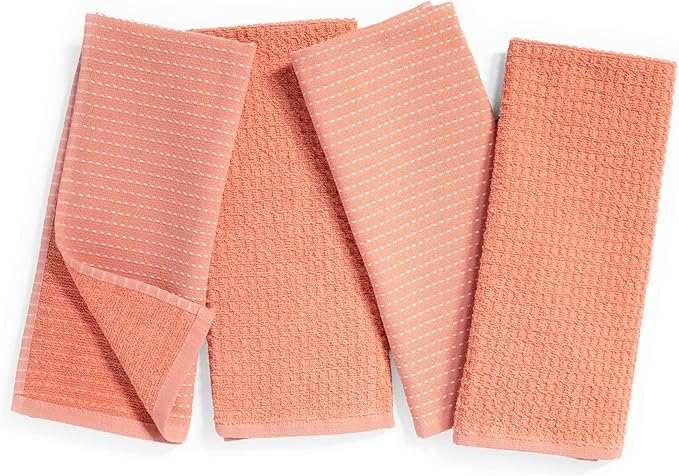 Thyme and Sage 100% Cotton Premium Turkish Kitchen Hand Towel Set, 16"x26", Ultra Absorbent, 350 GSM, Salmon, Pack of 4