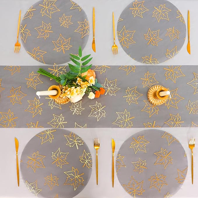Snowkingdom Fall Table Runners, Gold Maple Leaves Thanksgiving Table Decorations for Autumn Harvest Sequin Glitter Lightweight Black Thin Mesh Sparkle Farmhouse Dining Party Decor 120 Inch