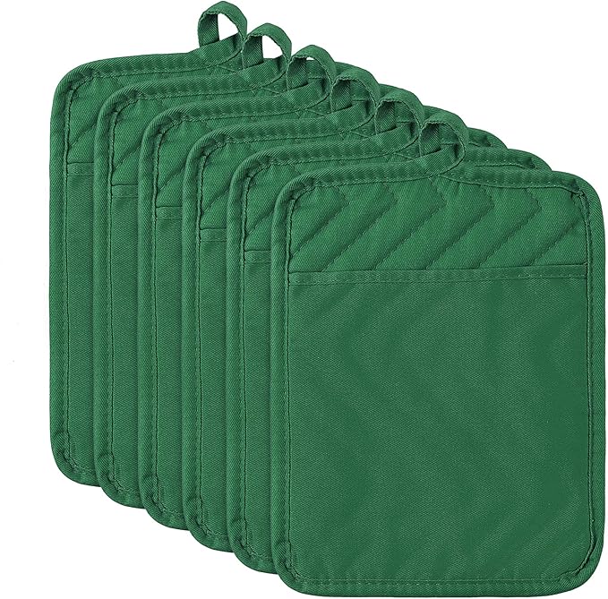 R HORSE 6Pcs Pot Holder for Kitchen Christmas Green Potholders with Pockets Cotton Heat Resistant Potholder Terry Coaster Oven Mitts Hot Pads for Baking Cooking Christmas Pot Holder Gift 7''x9''