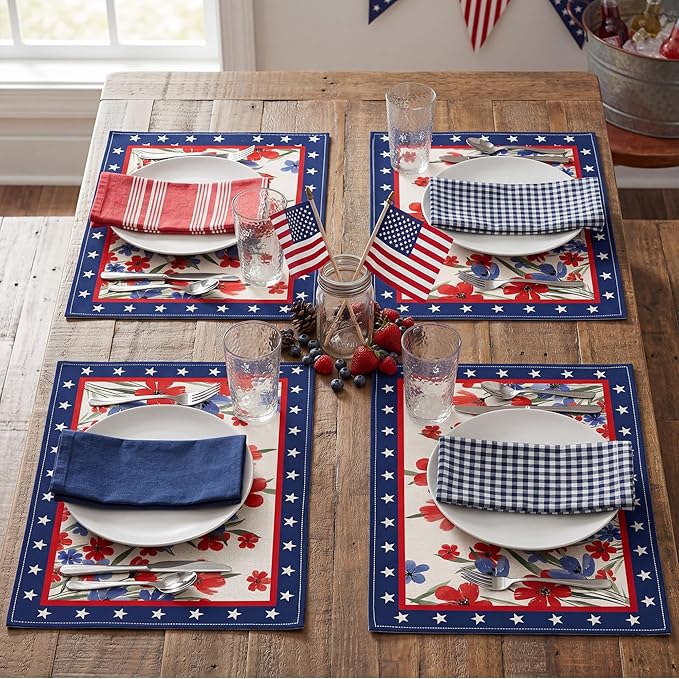 Patriotic Red White Blue Floral Placemats, USA 250th Anniversary 1776-2026 Independence Day Placemats, Watercolor Floral Patriotic Table Mats for 4th of July Memorial Day Party Decor, Set of 4