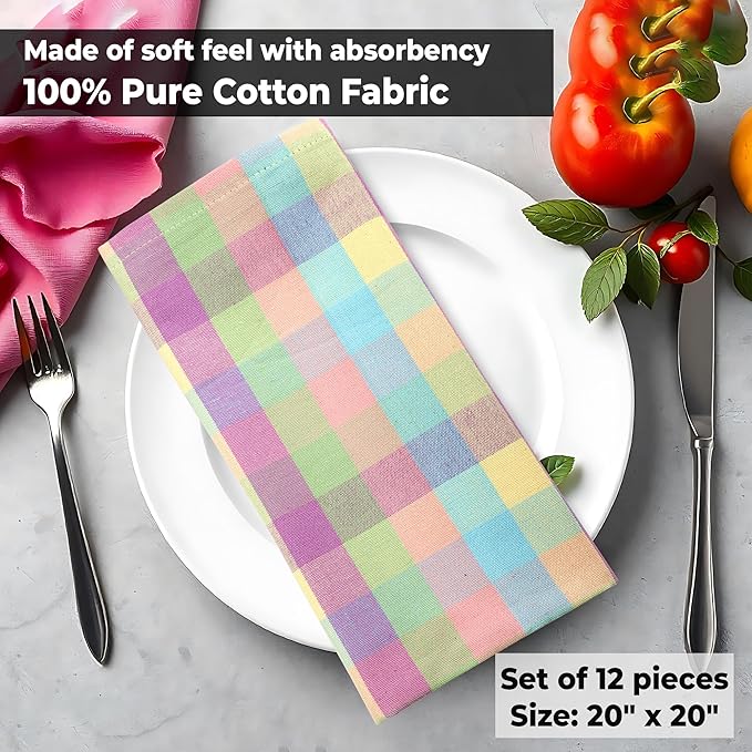 Urban Villa Cloth Napkins Set of 12 20x20 Inches 100% Cotton Napkins Cloth Washable Soft Durable Reusable Absorbent Table Dinner Napkins Cloth for Easter Decorations Restaurant Weddings-Easter Checks