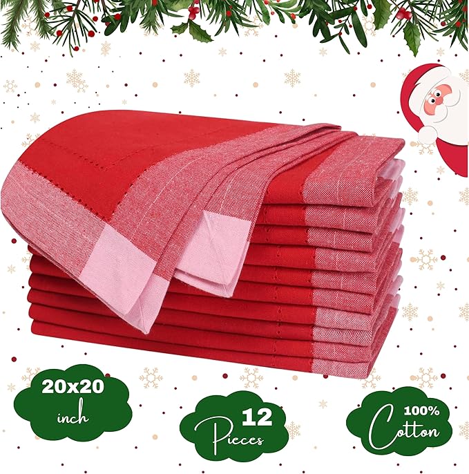 Homidate Christmas Cloth Napkins Set of 12 – 20x20 Red Cotton with Double Hemstitch – Soft, Durable & Washable Table Napkins for Farmhouse Décor, Thanksgiving, Holiday Parties & Everyday Use