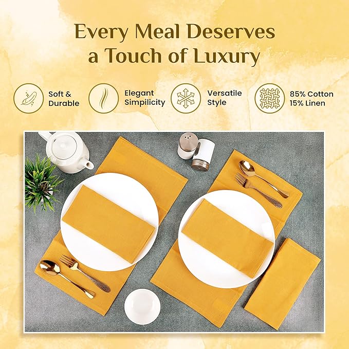 Cloth Napkins Gold Set of 12 Cotton Linen 18x18 Inch - Soft Durable Easter Washable - Ideal for Hotel Farmhouse Party Wedding Dinner Spring Everyday Use Gold Yellow
