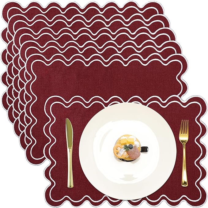 HunnmingRe Set of 6 Cotton Linen Placemats, 13x19 Inch Scalloped Wavy Embroidery Placemat Double Layered Washable Rustic Rectangle Dinner Table Mats for Wedding Home Decor(Burgundy with White)