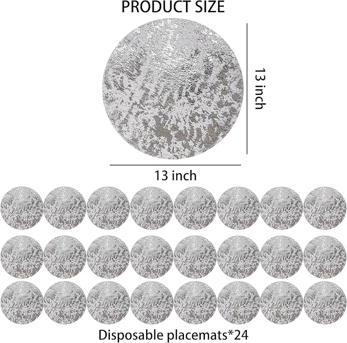 Snowkingdom Silver Disposable Placemats Set of 24 Foil Mesh 13 Inch Round Pressed Table Mates 24 Pack Silver Doilies for Dining Table Wedding Birthday Party Holiday Home Decoration