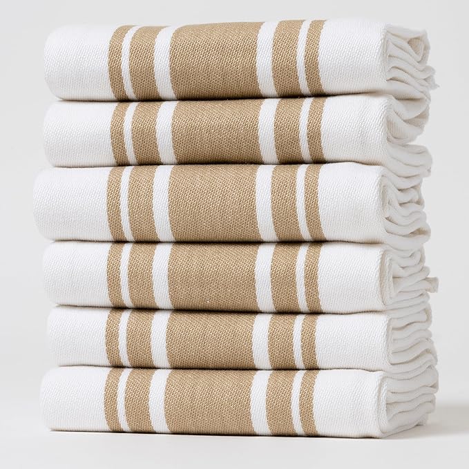 Kitchen Towels Set – Pack of 6 (20’’ x 30’’) Extra Large Premium Cotton Dish Towels for Kitchen – Super Striped Towels – Absorbent – 100% Cotton – with Hanging Loop – Beige