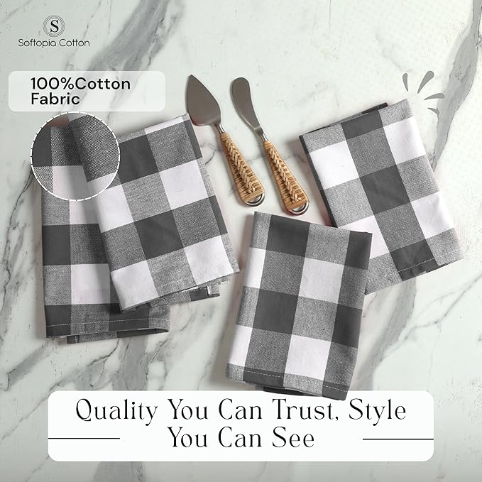 Buffalo Check Cloth Napkins, Set of 4, Soft, Absorbent, Reusable Table Napkins, Checked Napkins for Dinner, Lunch, Wedding, Buffet, Party, Holiday - Grey White (16 x 16 inches)