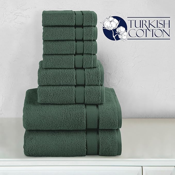 Elegant Comfort Premium Cotton 8-Piece Towel Set, Includes 4 Washcloths, 2 Hand Towels and 2 Bath Towels, 100% Turkish Cotton - Highly Absorbent and Super Soft Towels for Bathroom, Hunter Green