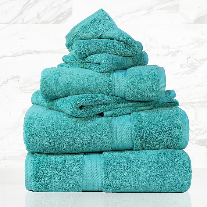 SUPERIOR Egyptian Cotton Pile 6 Piece Towel Set, Includes 2 Bath, 2 Hand, 2 Face Towels/Washcloths, Ultra Soft Luxury Towels, Thick Plush Essentials, Guest Bath, Spa, Hotel Bathroom, Turquoise
