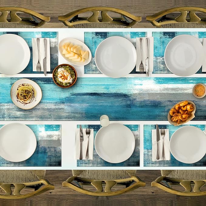 Teal and Gray Table Runner and Placemats Set of 6 Farmhouse Washable Linen Place Mats Rustic Abstract Art Table Decor for Kitchen Dining Coffee Outdoor Party(Teal and Gray, 13"x71"+12"x18")