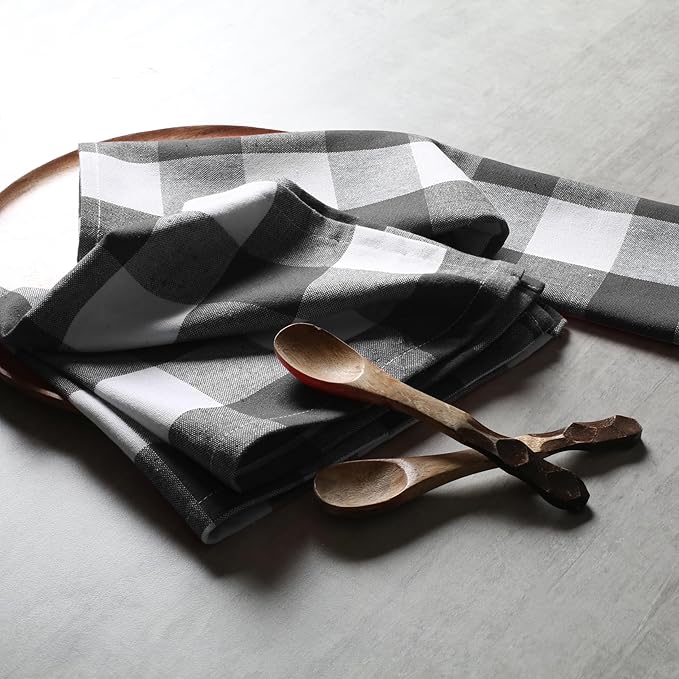 Native Fab Gray Buffalo Check Cloth Napkins, 100% Cotton, Set of 4, 16x16 inches, Plaid Checkered Pattern, Soft, Absorbent, Reusable Table Napkins for Dinner, Wedding, Luncheon, Party, Holiday - Grey