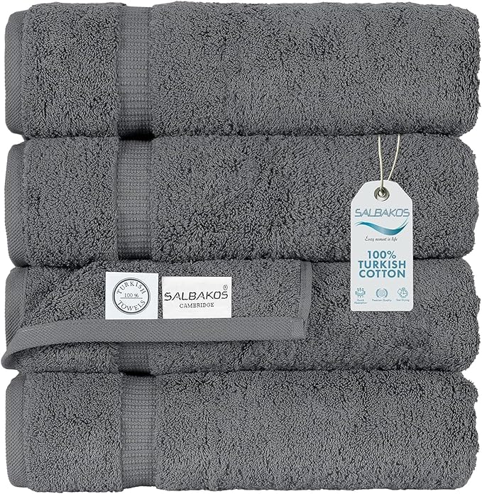 SALBAKOS 100% Turkish Cotton Bath Towels | 4 Piece Turkish Bath Towels Gray 27x54 Standard Size | Premium Hotel Quality, Super Absorbent, Thick, Plush Turkish Towel - Made in Turkey (Gray Pack of 4)