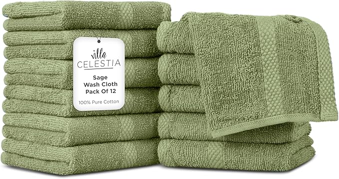 100% Cotton Wash Cloth for face & Body Set of 12, (12 x 12 inches) Sustainable, Soft, Highly Absorbent, Combed Cotton Wash Cloths Pack of 12 for Hotels, Spa, Bathroom, Dorm, Sage