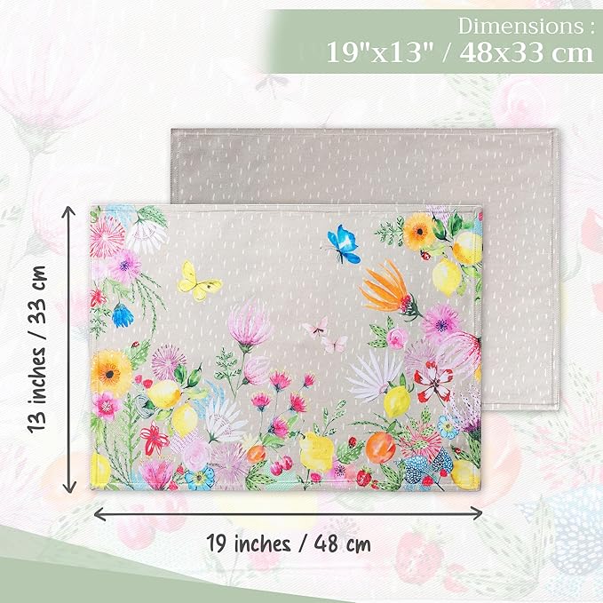 Maison d' Hermine Placemats Set of 4 100% Cotton Washable Cloth Place Mats Reusable Table Mats for Kitchen Dining Party Wedding Gifts for Mothers Day Spring/Summer (Jardin D'Ete - Fog, 13" x 19")