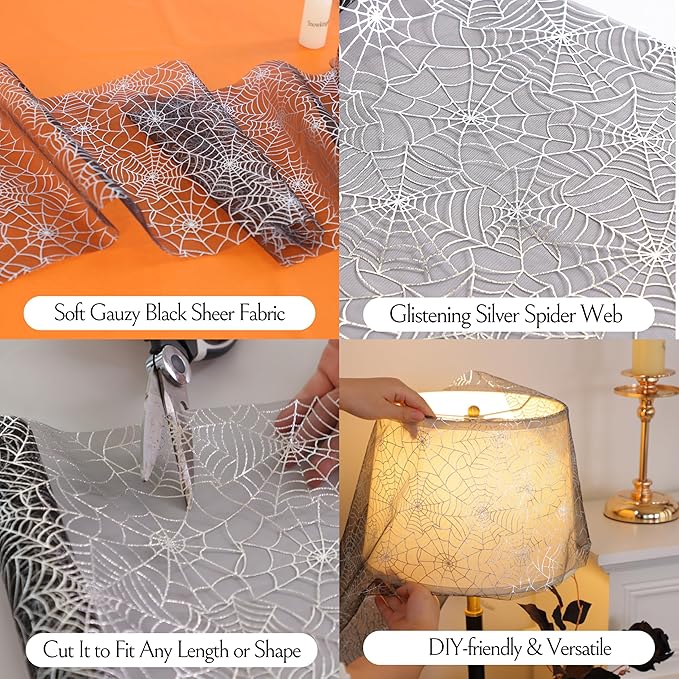 Snowkingdom Halloween Table Runner, Silver Spider Web Metallic Sequin Glitter Sheer Runners Roll 120", Black Table Decorations for Halloween, Wedding, Birthday, Themed Party, Christmas
