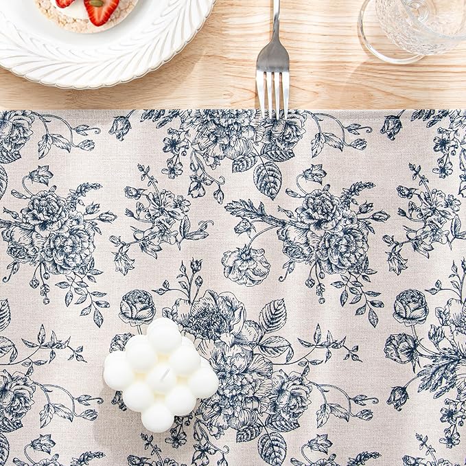 Blue Floral Linen Table Runner - 14 x 108 Inch - French Country Linen Table Runners 108 Inches Long for Holiday Kitchen Dining Wedding Home Party Decoraion,Vintage Flower