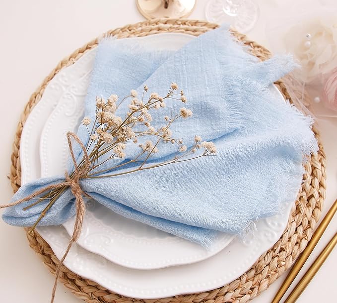 Cloth Napkins with Fringe Set of 6,100% Natural Soft Cotton, Gauze Washable Napkins for Wedding Decorative Dinner Parties Easter Spring, Valentine's Day (16''*16'') (Light Blue)