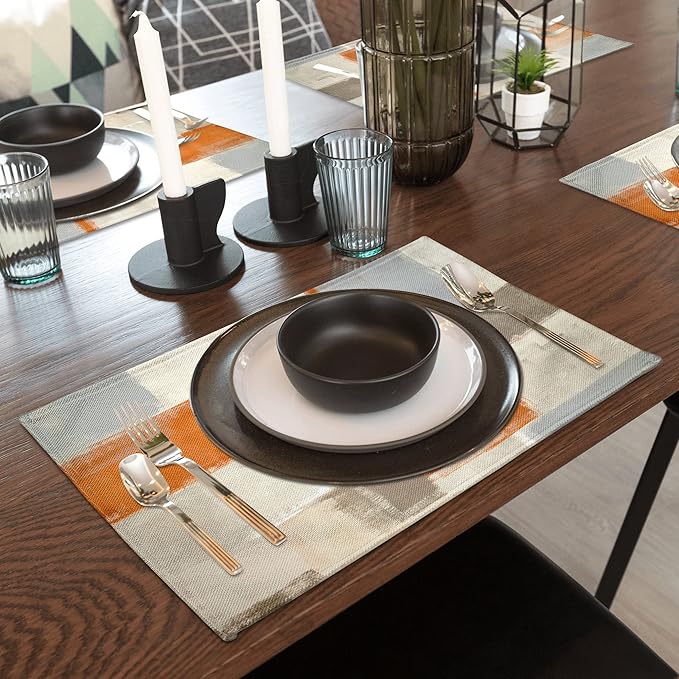 Modern Art Placemats Set of 4 Orange Abstract Painting Place Mats Washable Linen Beige Placemat for Kitchen Dining Table Home Party Banquet Decor 18x12 Inches