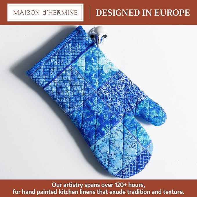 Maison d'Hermine Oven Gloves 100% Cotton Oven Mitt 7" x 13" with Loop Heat Resistant BBQ Cooking Gloves Baking Grilling Gifts for Mothers Day Spring/Summer (Pack of 1, Indigo Love)