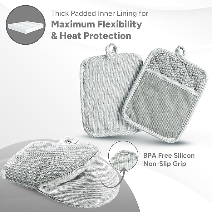 Casa Platino Heat Resistant Oven Mitts & Potholders, 4-Piece – Oven Mitt and Pot Holders Sets for Baking, Grilling & Microwave – Withstands Up to 500°F, Non-Slip, Machine Washable – Grey