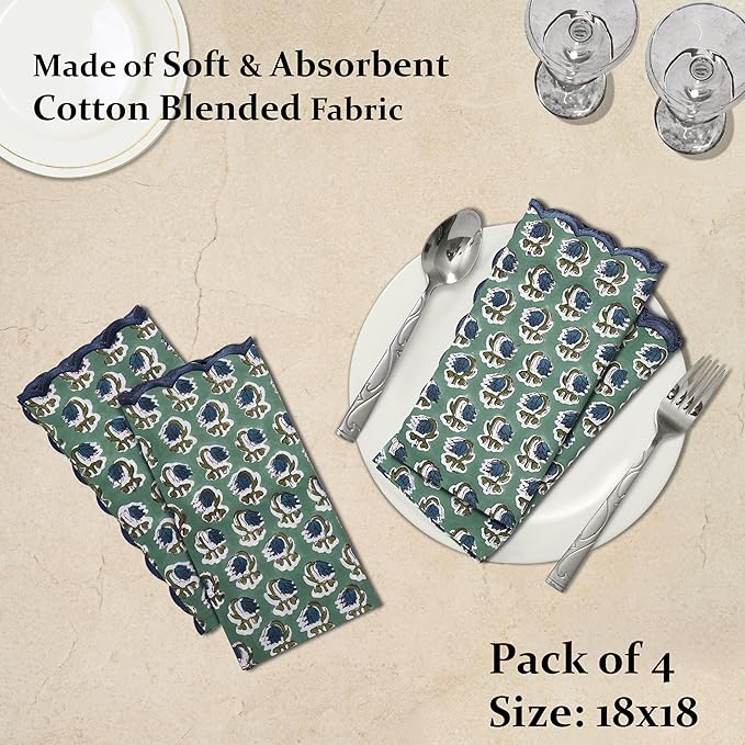 Ridhi Hand Block Print Basil Green 18" x 18" (Set of 4) Embroidery Table Napkins Reusable Cotton Dinner Napkins for Weddings, Parties, Everyday Dining Gift for Spring, Easter, Valentine