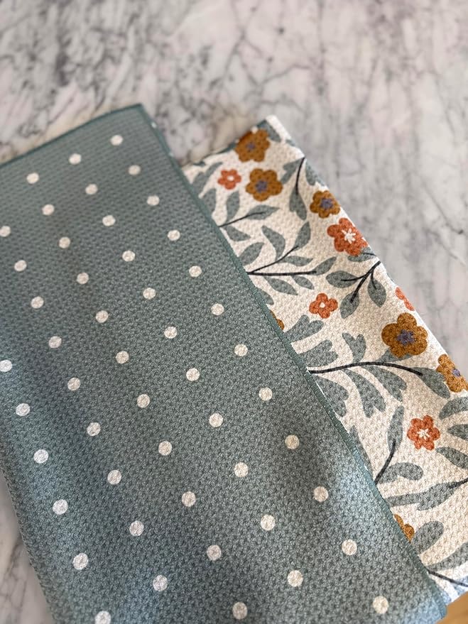 2 Pack || Double Sided|| Not Your Ordinary Kitchen Towels || Dish Towels || Quick Dry || Waffle Weave Microfiber || Designer Prints || Highly Absorbent || Hanging Hook (Green)