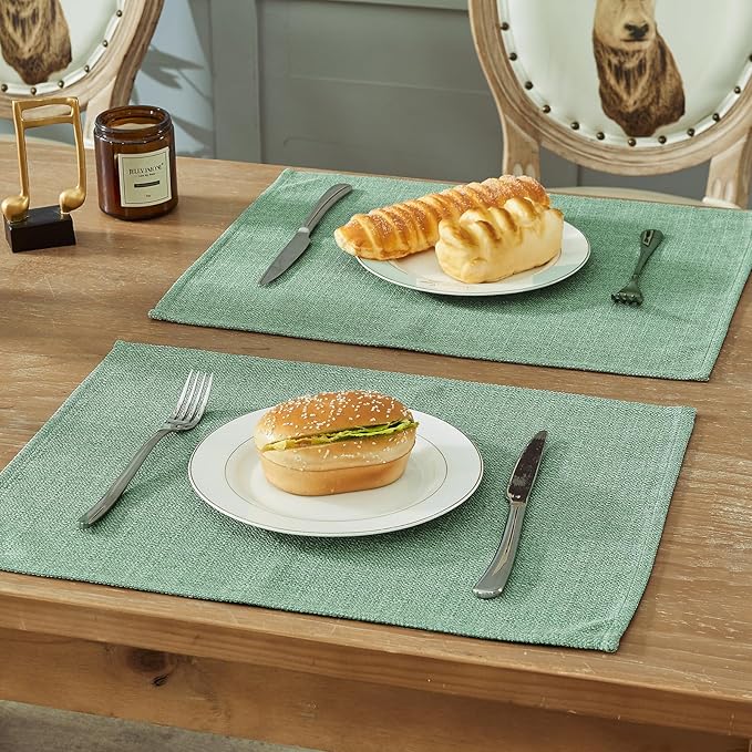 BALCONY & FALCON Placemats Set of 6 Faux Linen Cloth Place Mats Washable Waterproof Wrinkle Resistant Table Placemats for Dining Kitchen Farmhouse Indoor & Outdoor Use(Celadon Green, 13.8”x 17.7”