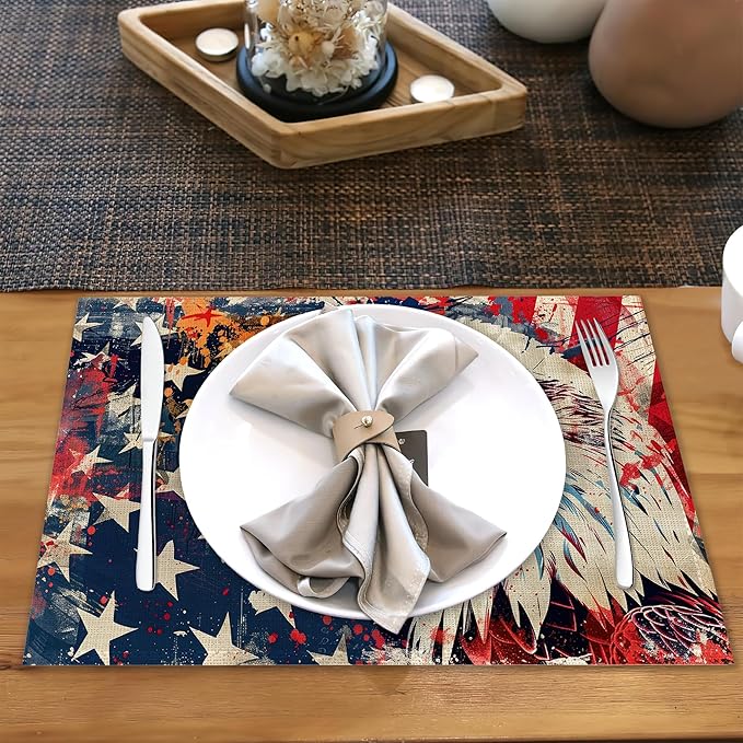 American Flag Placemats Set of 6,Bald Eagle Heat Resistant Table Mats Washable Place Mats for Party Kitchen Farmhouse Home Dining Holiday Decor 12x18 Inch