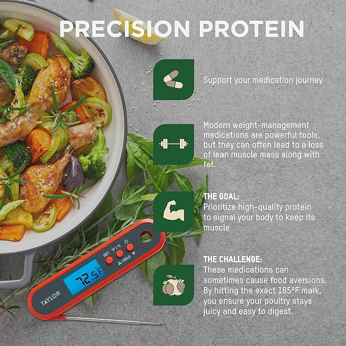 Taylor Digital Waterproof Meat Thermometer for GLP-1 High Protein Meal Prep – Folding Probe for Chicken, Salmon, Steak – Programmable Presets, Backlit Display for Oven, Grill, Orange