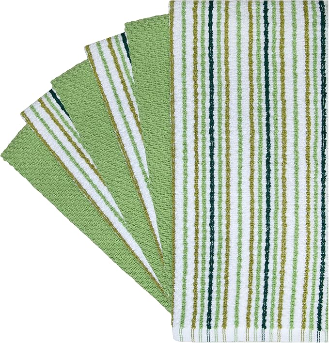 Sage 16'x 26' Cotton Kitchen Towels - 6 Pack | Popcorn Stripe Design | 400 GSM Highly Absorbent Tea Towels Set with Hanging Loop
