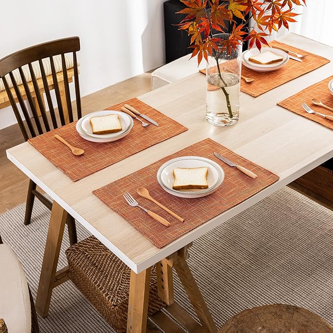 Kevin Textile Burlap Linen Placemats Set of 6 Heat Resistant Dining Table Place Mats Washable Kitchen Table Mats for Dinning Party Holiday Indoor Outdoor, 13 x19 inches, Orange