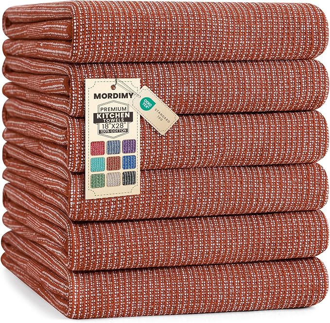 Mordimy Premium Kitchen Towels 6 Pack (18 x 28 Inches, Rust), Large Cotton Kitchen Hand Towel, Flat & Terry Dish Towels for Drying Dishes, Super Absorbent Tea Dishtowels Set with Hanging Loop