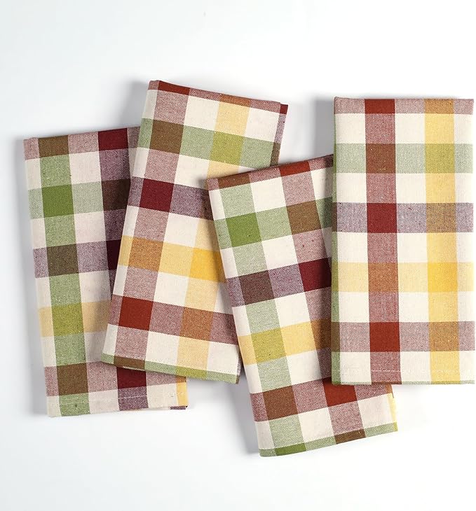 Native Fab Multi Color Check Cloth Napkins - Set of 4, 100% Cotton, 16x16 inch, Soft, Absorbent, Washable & Reusable Table Napkins for Dinner, Holiday, Farmhouse, Gift - Burgundy, Yellow, Rust, Green