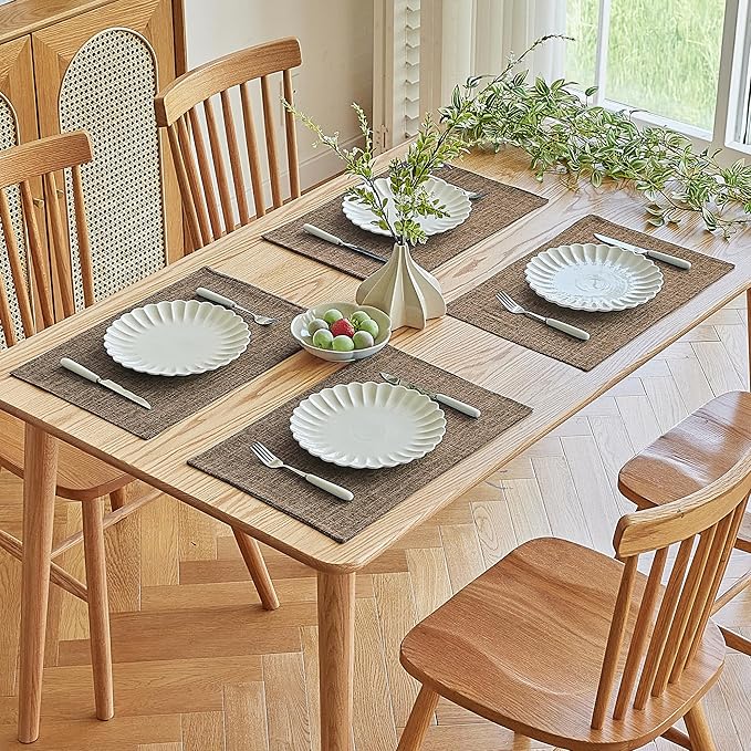 Softalker Faux Linen Placemats Set of 6-12 x 18 Inch, Heat Resistant Double Layered Durable Burlap Farmhouse Place Mats, Non-Slip Washable Rustic Table Mats for Dining, Kitchen, Party（Brown