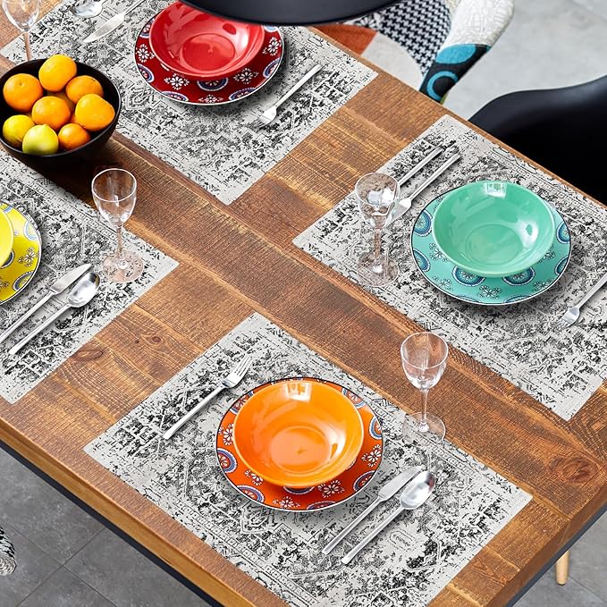 Gray Black Boho Placemats Set of 6 Ethnic Bohemian Carpet Place Mats Washable Kitchen Dining Vintage Grey Geography Floral Linen Table Mats Stain Heat-Resistant Cloth Tabel for Home Party 12x18 in