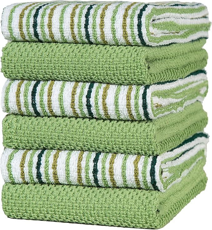 Sage 16'x 26' Cotton Kitchen Towels - 6 Pack | Popcorn Stripe Design | 400 GSM Highly Absorbent Tea Towels Set with Hanging Loop