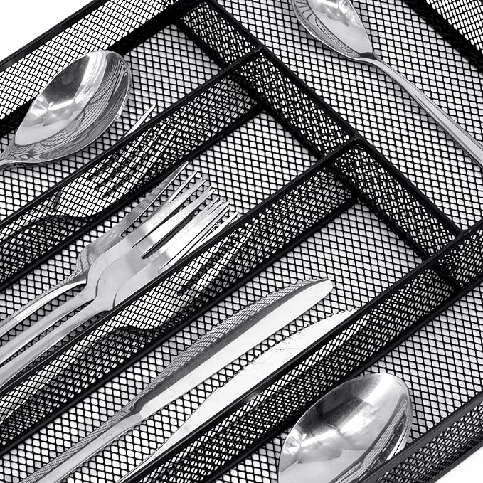 Neudeco Silverware Drawer Organizer Holder, Cutlery Tray Silverware Flatware Storage Divider for Kitchen, Bedroom, Living Room,Mesh Wire with Non-slip foam Feet, 5 Compoment（Black）