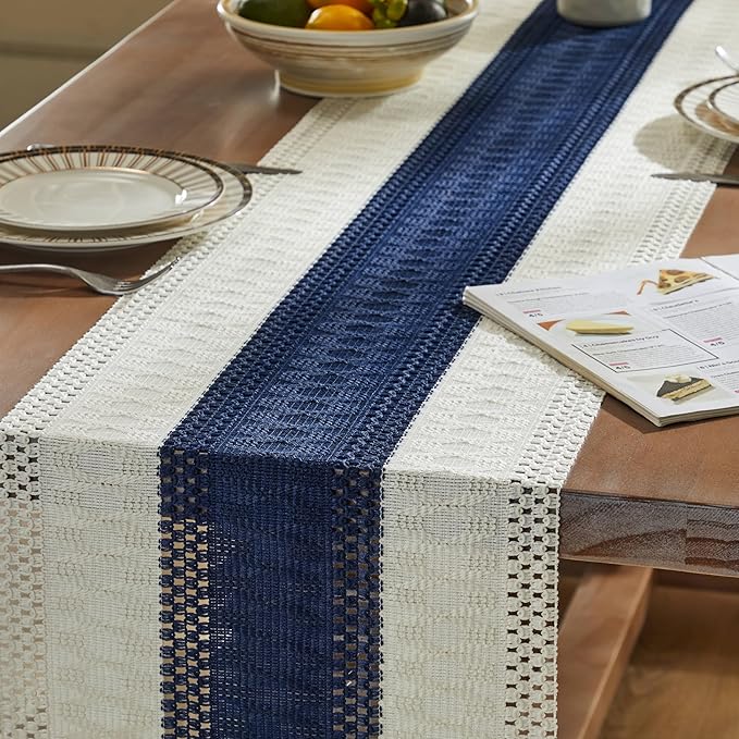 ZeeMart Macrame Style Bicolor Stitching Table Runner, 14 x 90 Inch Navy Blue/Ivory, Boho Navy Table Runners 90 Inches Long, Farmhouse Woven Home Decor