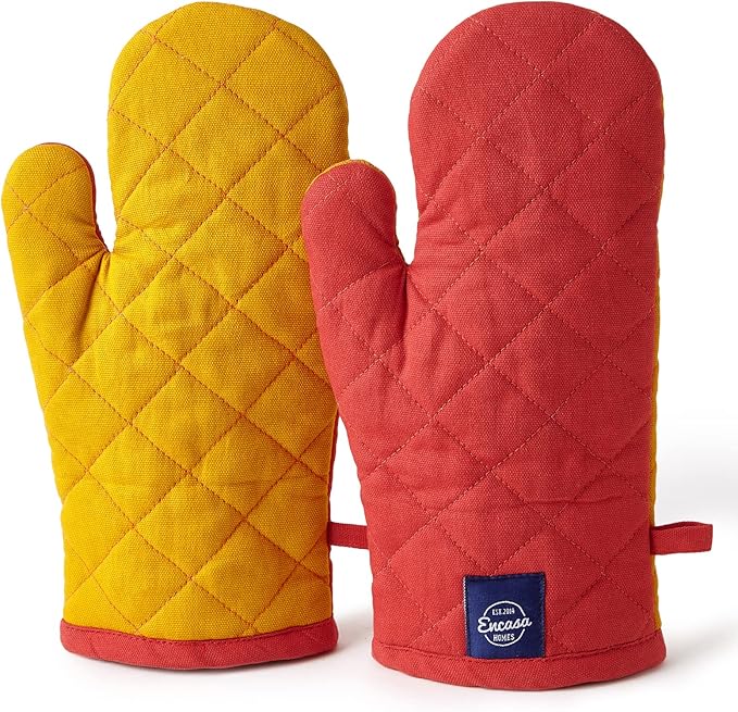 Encasa XO Heat Resistant Cotton Oven Gloves Mitts (2 Pc Set) - Quilted & Safe 12x6.6 in - for Kitchen, Cooking & Baking, Grilling, Handling Hot Pots & Pans - Mango