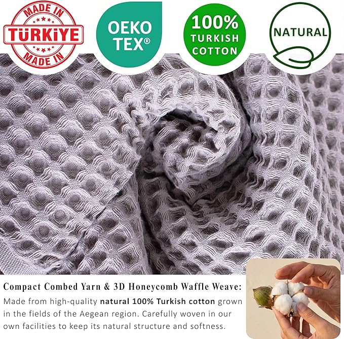 PÜSKÜL Natural 100% Turkish Cotton Waffle Kitchen Towels Set of 3 | Oeko-Tex, Premium Waffle Hand Towels for Bathroom | Soft Absorbent Quick-Dry Lint-Free Dish Towel Large 32x16 inch (3, Gray)